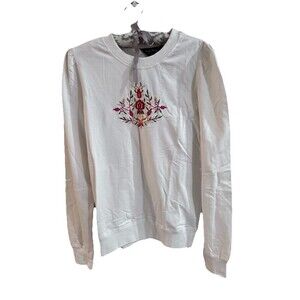 Young Threads Embroidered Floral Blouse Women's S/M White Boho Artistic NEW